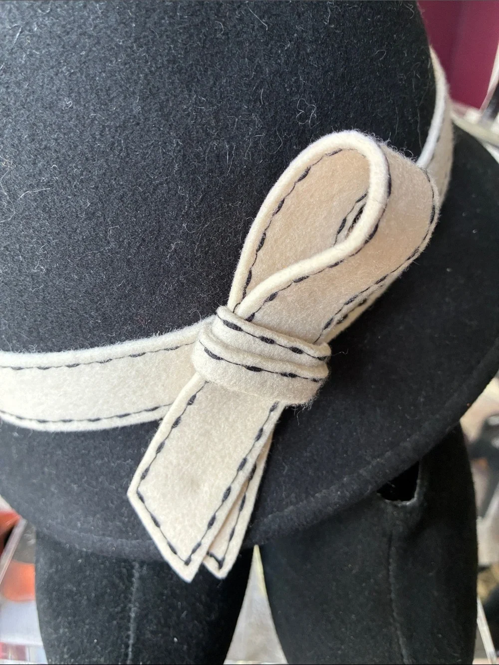 White House Black Market Black Felt Cloche Hat with Cream Bow Trim